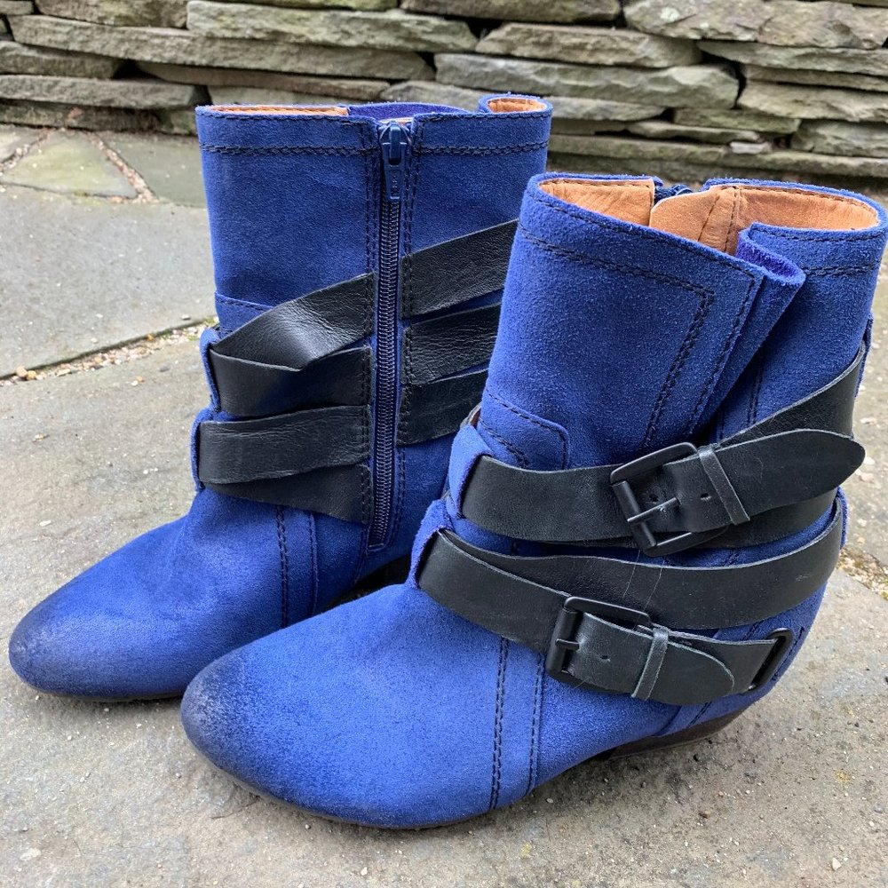 Unique Electric Blue Buckle Moto Leather Boots